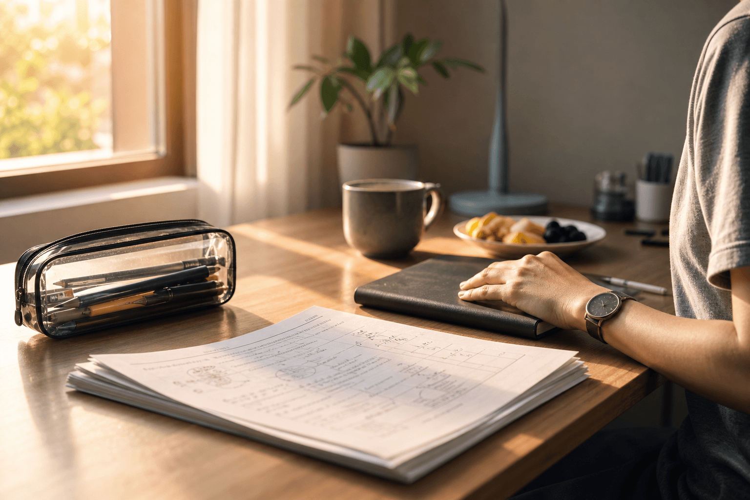 Exam morning study desk with organized science papers