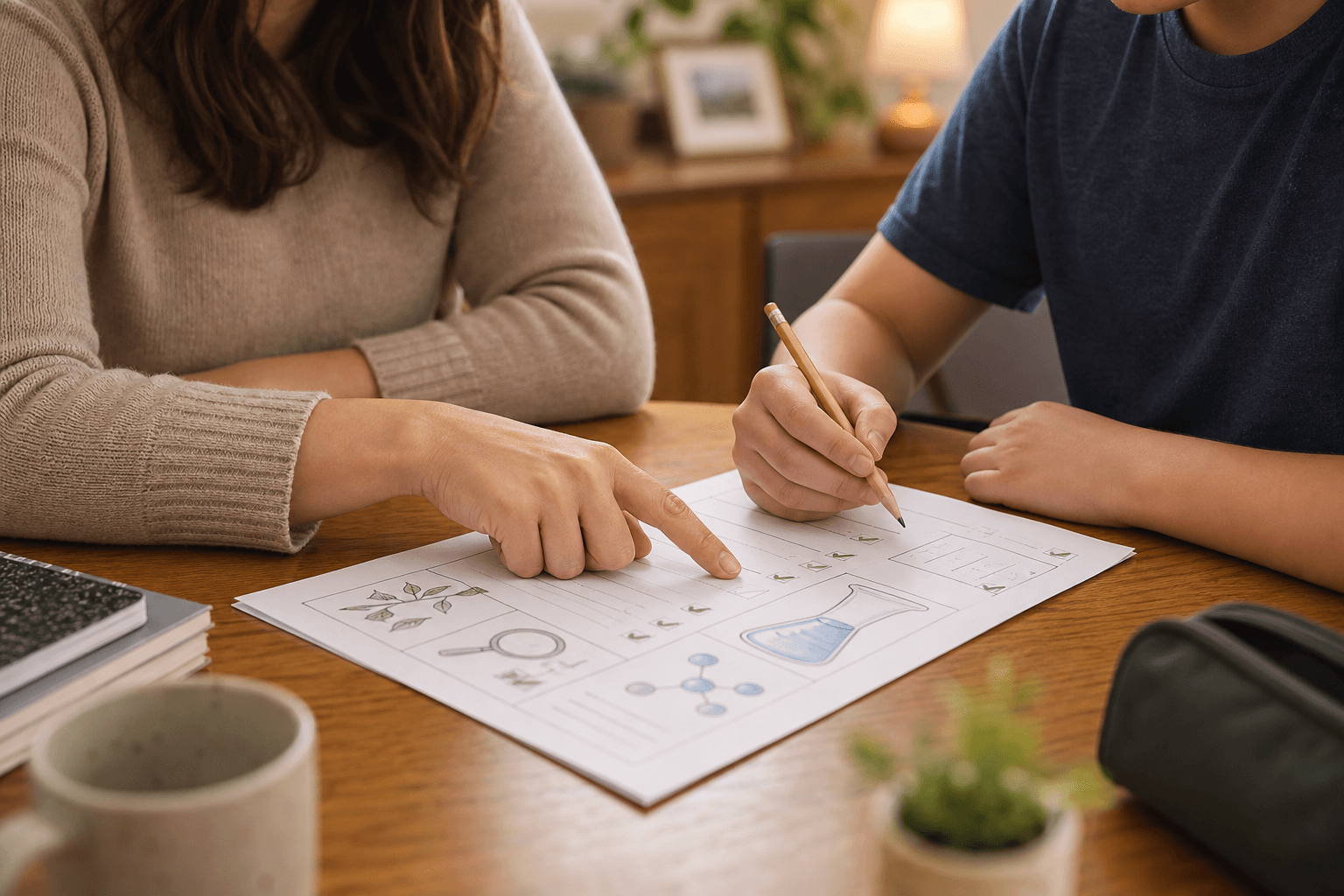 Parent and student reviewing a science worksheet after tutoring support