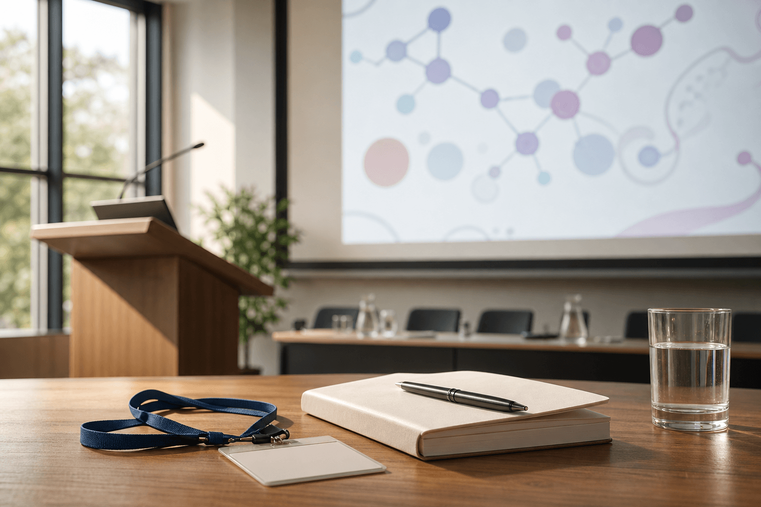 Academic conference table with notebook and projected molecular visuals