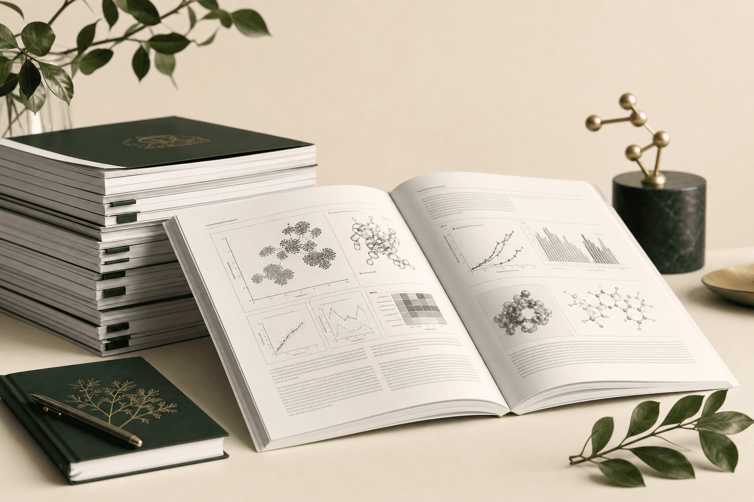 Open scientific journal with molecular diagrams and research papers