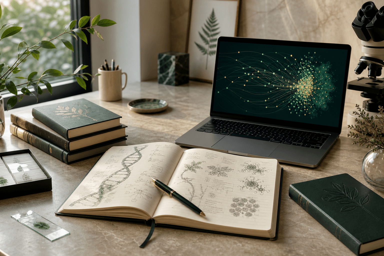 Bioinformatics research desk with notebook, laptop, microscope, and gene network visual