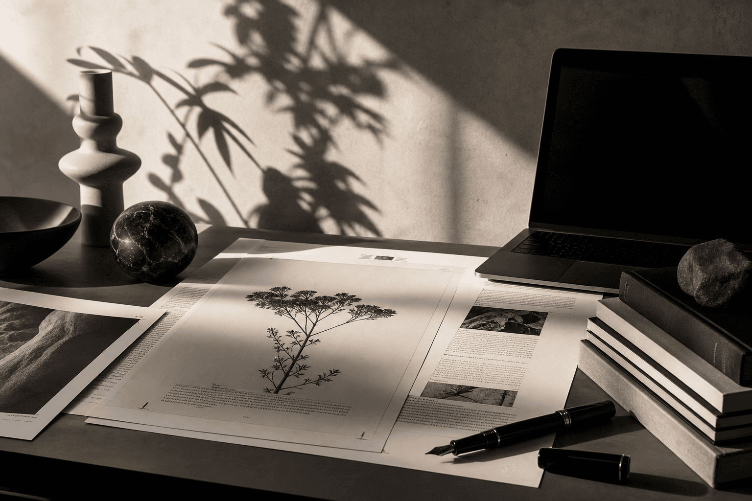 Editorial science journal desk with study papers